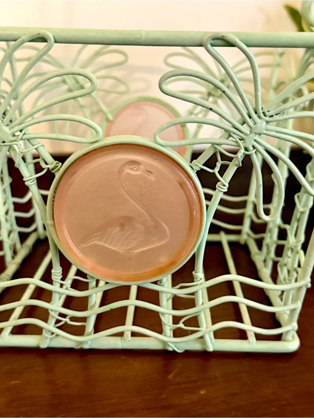 Vintage Mint Green Palm Tree Wire Basket Pink Flamingo Glass Retro Boho Decor